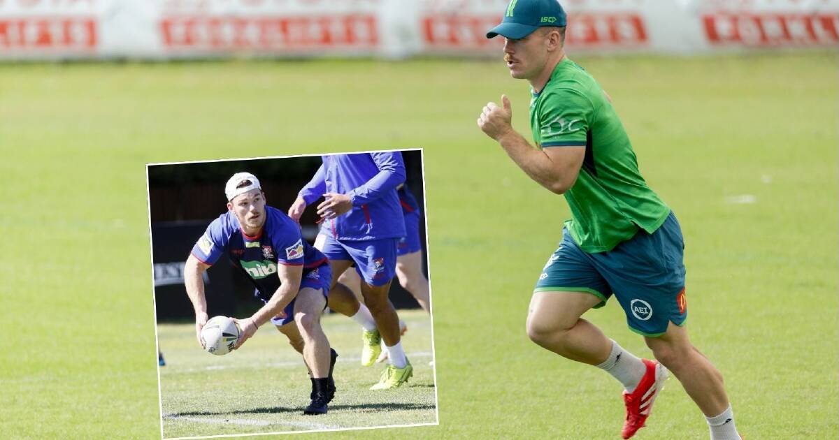 Raiders hooker Tom Starling. Inset, training with the Knights in 2018. Picture by Gary Ramage