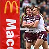 Ethan Bullemor (l) says it's need-to-win time for Manly as they prepare to face leaders Canberra. Photo: Lukas Coch/AAP PHOTOS