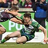 Canberra's Ethan Strange scored a hat-trick in the Raiders' win over the Sea Eagles.  Photo: Mick Tsikas/AAP PHOTOS