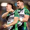 Ethan Strange of the Raiders celebrates scoring a try during the round 23 NRL match between Canberra Raiders and Manly Sea Eagles at GIO Stadium, on August 08, 2025, in Canberra, Australia.
