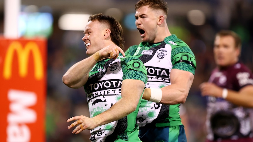 Ethan Strange of the Raiders celebrates scoring a try during the round 23 NRL match between Canberra Raiders and Manly Sea Eagles at GIO Stadium, on August 08, 2025, in Canberra, Australia.