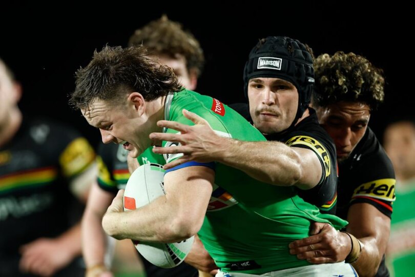 Ethan Strange is tackled by Nathan Cleary.