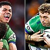 Pictured left to right, Canberra speedster Savelio Tamale and fellow Raiders winger Jed Stuart.