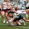 Zahara Temara scores for winless Canberra as they gave powerhouse Brisbane a fright in the NRLW. Photo: PR IMAGE PHOTO