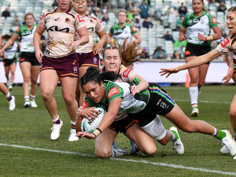 Zahara Temara scores for winless Canberra as they gave powerhouse Brisbane a fright in the NRLW. Photo: PR IMAGE PHOTO