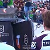 Reece Walsh flips Raiders fans the bird after headbutt sin bin, claims of comments about his daughter from fans