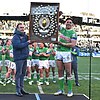 Raiders coach Ricky Stuart and captain Joseph Tapine with the JJ Giltinan Shield. Photo: Mick Tsikas/AAP PHOTOS