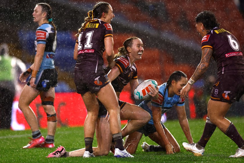 Tamika Upton celebrates scoring one of her three tries in Brisbane's win over the Sharks.