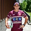 Jamal Fogarty shows off his new Manly outfit after completing a career-best season with Canberra. Photo: Steven Markham/AAP PHOTOS