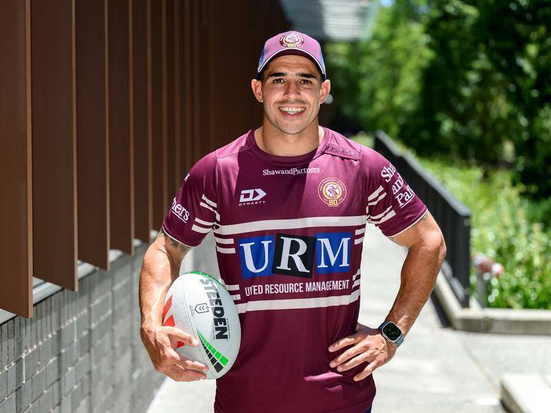 Jamal Fogarty shows off his new Manly outfit after completing a career-best season with Canberra. Photo: Steven Markham/AAP PHOTOS