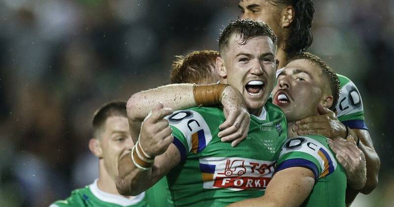 Raiders' Ethan Sanders gets the plaudits as he celebrates his golden-point field goal against Manly. Photo: Mark Evans/AAP PHOTOS