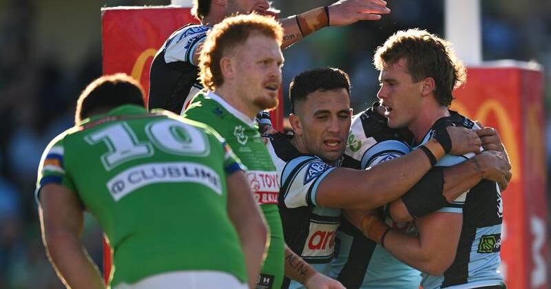 A Jesse Colquhoun try iced Cronulla's important win over the Raiders in Canberra. Photo: Lukas Coch/AAP PHOTOS