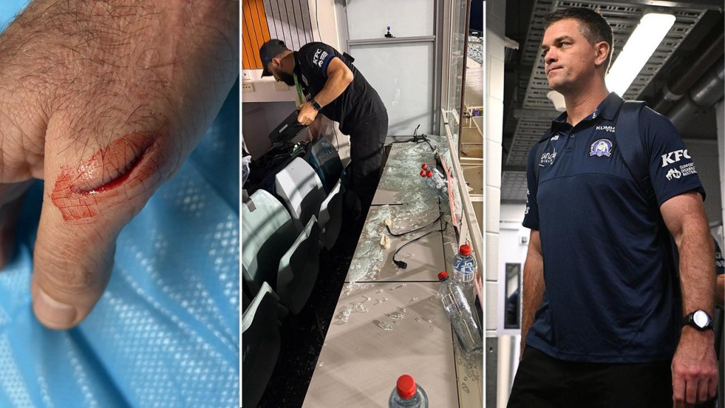 Bulldogs coach Cameron Ciraldo required stitches after shattered glass rained down in coaches box