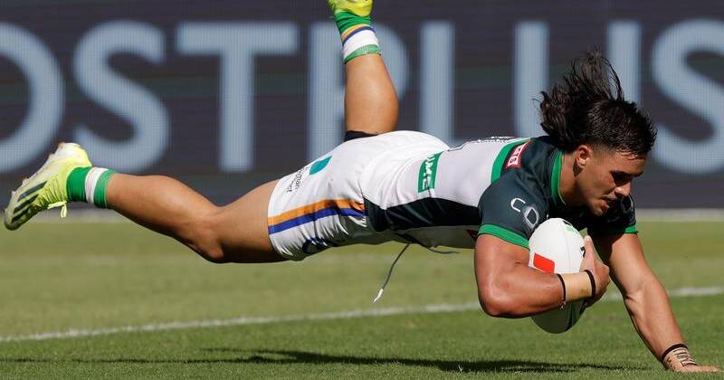 A stunning Kaeo Weekes try helped the Raiders hang on for a thrilling win over the Rabbitohs. Photo: Richard Wainwright/AAP PHOTOS