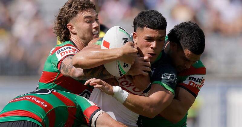 Canberra's Savelio Tamale (c) endured some difficult moments against South Sydney. Photo: Richard Wainwright/AAP PHOTOS