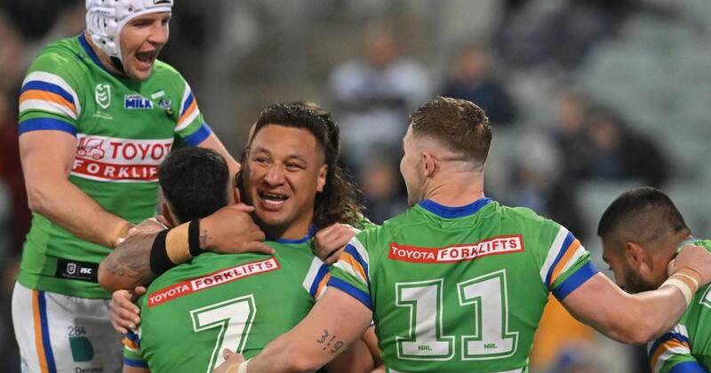 Inspirational Canberra Raider Josh Papali'i (centre) won't be back for the Green Machine in 2027. Photo: Mick Tsikas/AAP PHOTOS