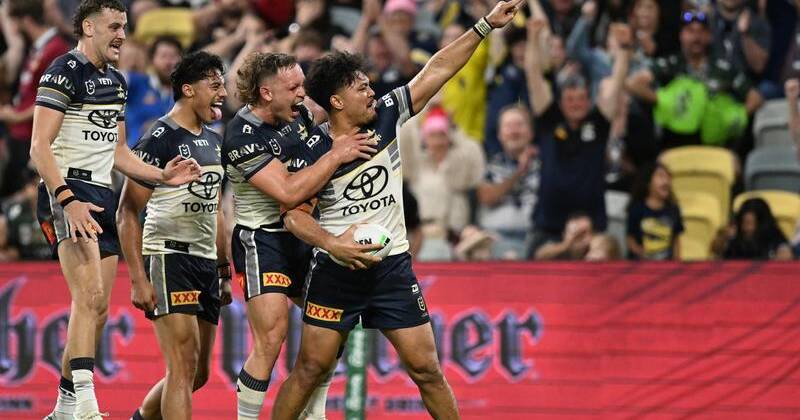 Jeremiah Nanai (r) was an inspired two-try hero as the Cowboys upset the Panthers. Photo: HANDOUT/NRL PHOTOS