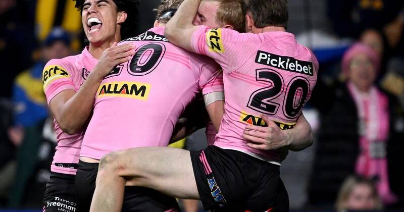The Panthers have celebrated Tom Jenkins and another NRL win by beating Parramatta. Photo: Dan Himbrechts/AAP PHOTOS