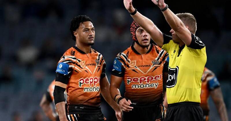 Latu Fainu was sent to the bin against the Bulldogs and the Tigers are challenging a subsequent ban. Photo: Dan Himbrechts/AAP PHOTOS