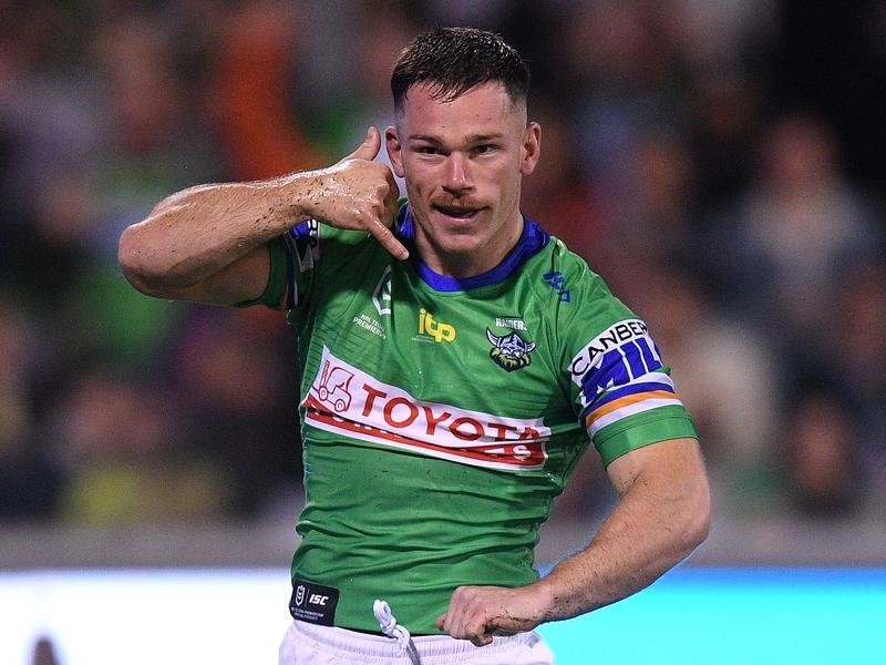 Tom Starling celebrates after scoring a try for the Canberra Raiders
